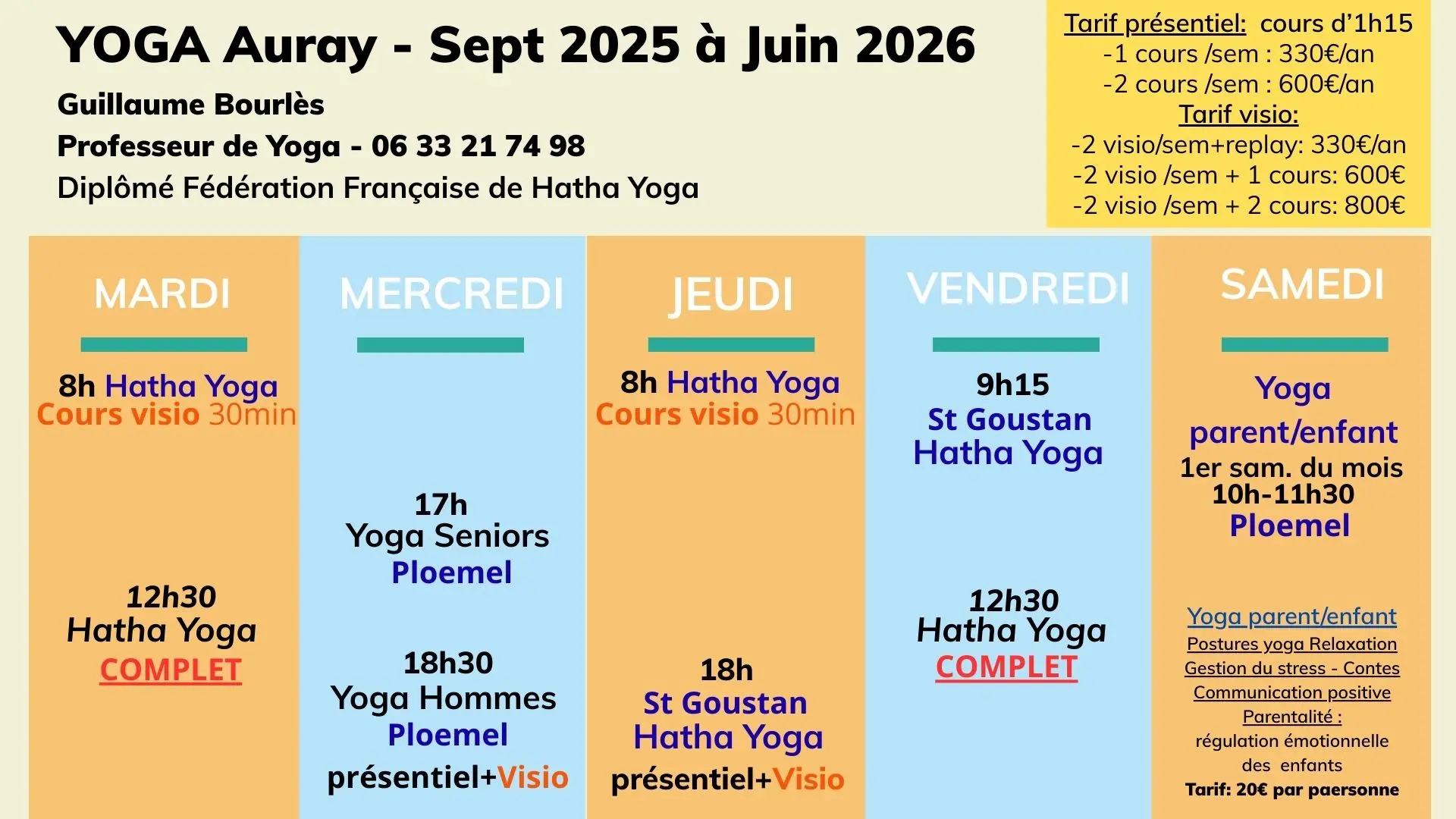 Planning Yoga Auray 2025-2026 Hatha Yoga - Yoga Intégratif Homme - Yoga séniors de la longévité.